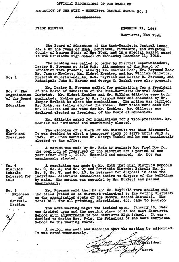 The meeting minutes from the first Rush-Henrietta Board of Education meeting